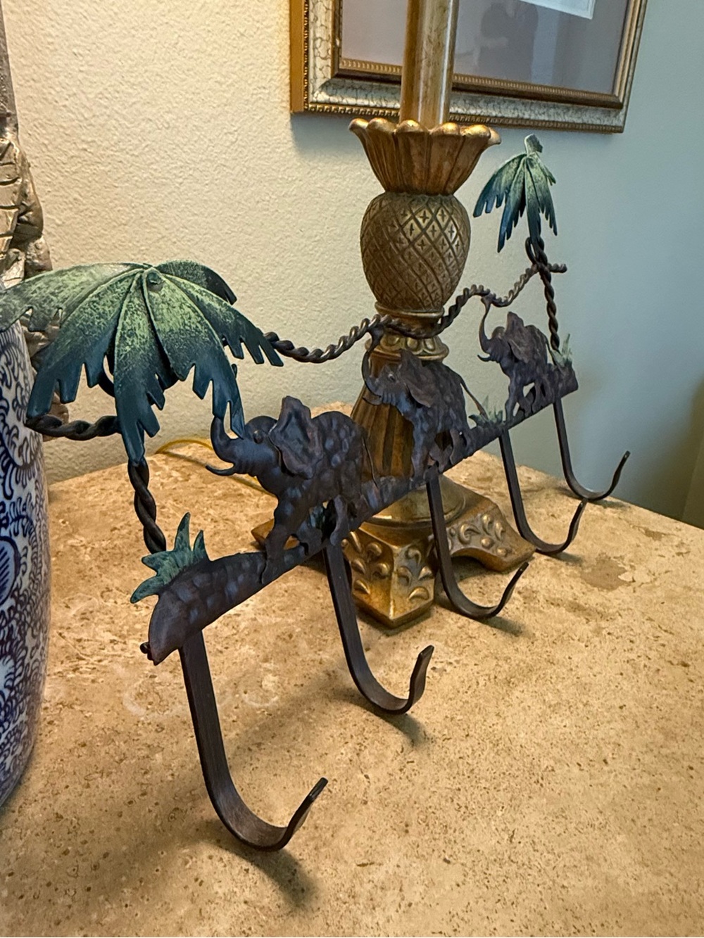 Vintage Style Elephant and Palm Tree Wall Hook Rack - Faux Bronze